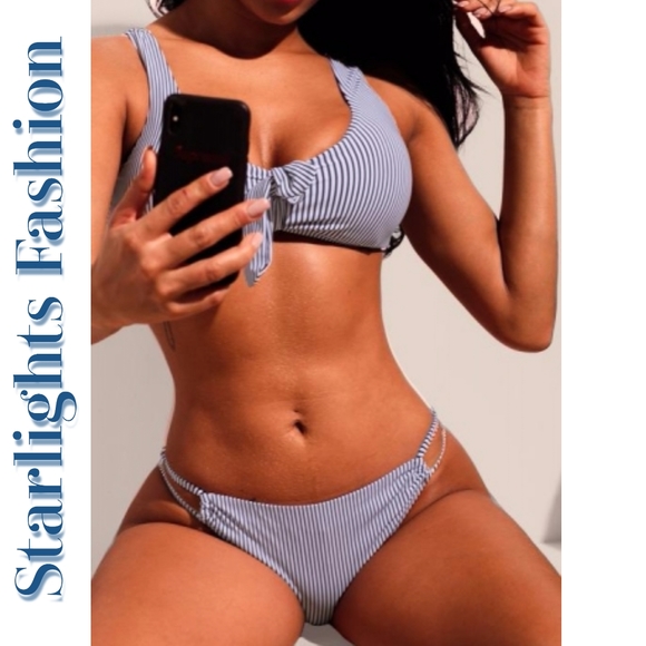 Navy White Pinstriped Bikini Swimsuit - Picture 3 of 8